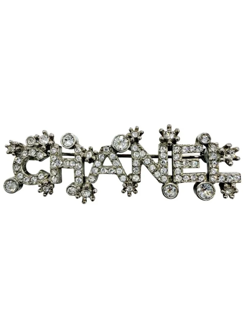 Chanel Metal Logo Rhinestone Brooch Silver